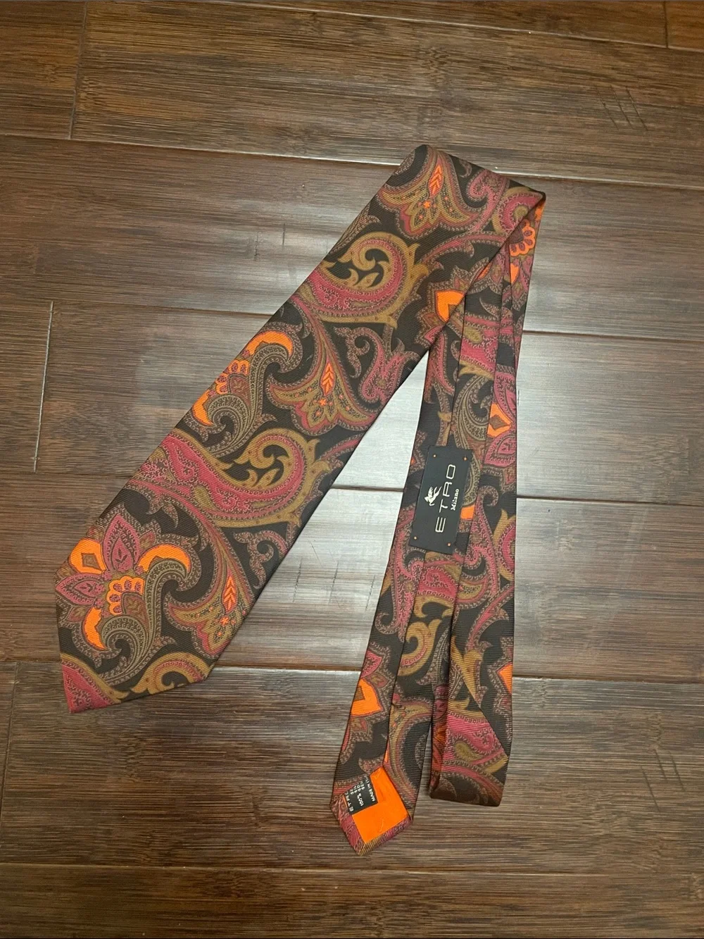 Etro Brown Paisley Silk Tie with Orange and Burgundy Accents